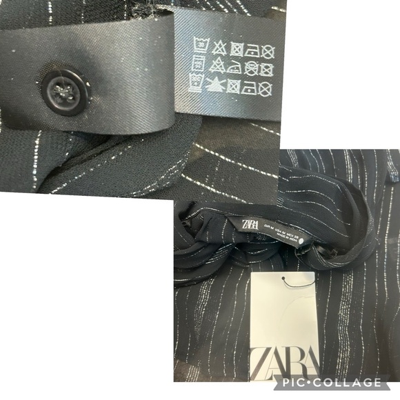 Zara ZW Collection black silver metallic thread chiffon blouse neck tie Sz M NWT - Picture 12 of 14
